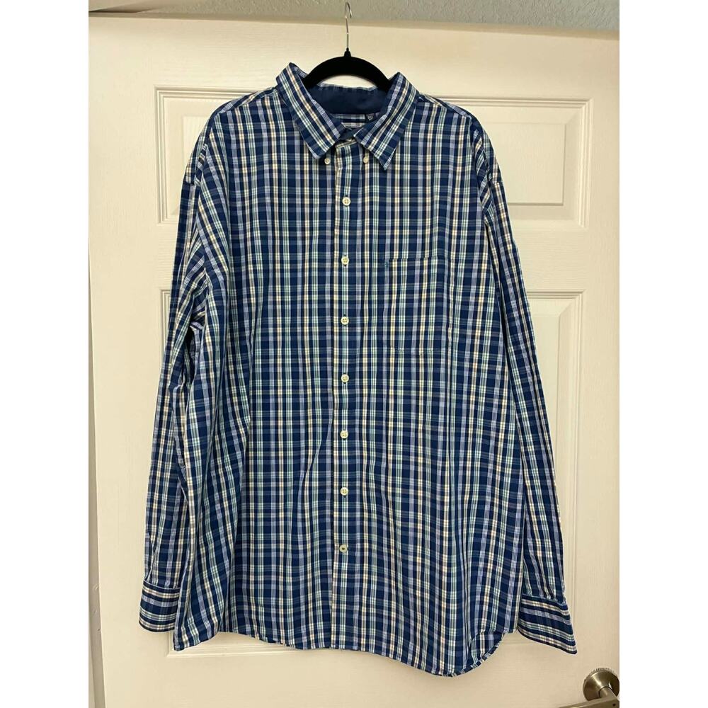 IZOD Men’s 3XLT Plaid Button Down Shirt Blue Yellow White Cotton Long Sleeve